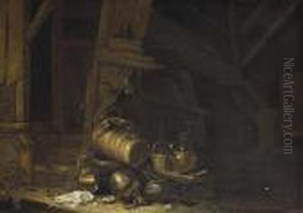 A Butter Churn, A Basket Of 
Figs, A Bowl Of Eggs, A Frying Pan, A Broken Lamp, A Kiln And Other 
Vessels In A Barn Oil Painting by Herman Saftleven