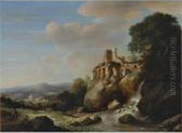 Travellers By A River With Ruins Above, An Extensive Landscape Beyond Oil Painting by Herman Saftleven