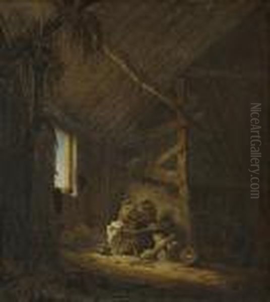 A Barn Interior Oil Painting by Herman Saftleven