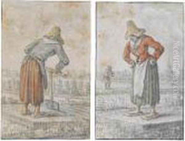 Two Drawings Of Women Cutting Peat Oil Painting by Herman Saftleven