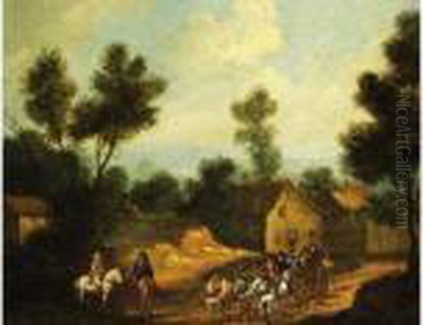 Landschaft Mit Pferdekarren Und Reitern Vor Einerhausergruppe Oil Painting by Herman Saftleven