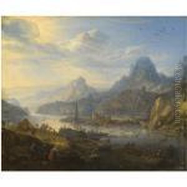 An Extensive Rhenish River Landscape With Barges And Mountainsbeyond Oil Painting by Herman Saftleven