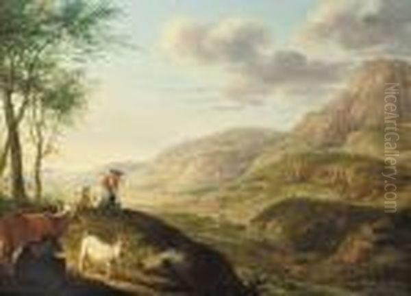 An Extensive Mountainous River 
Landscape With A Milkmaid And Cattleon A Hill, A Watermill In The 
Distance Oil Painting by Herman Saftleven