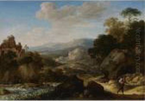 Mountainous Landscape With Travelers Oil Painting by Herman Saftleven