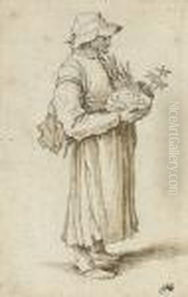 A Tinker Carrying Her Wares Oil Painting by Herman Saftleven