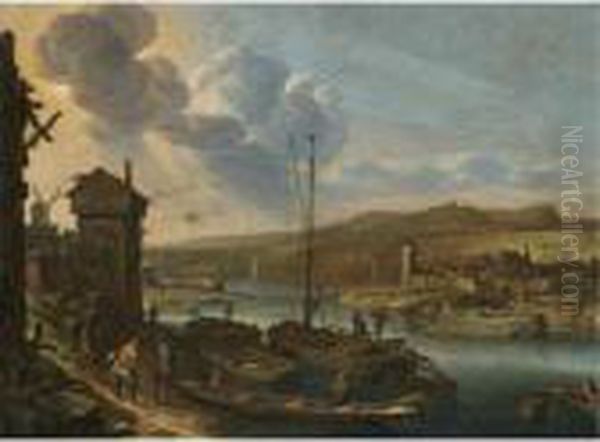 A Rhenish River Landscape With Figures Unloading Boats At The Quayside Oil Painting by Herman Saftleven