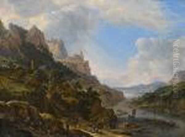 A Rhenish Riverlandscape With A 
Figures Loading Barges In The Foreground And Travellers Resting On A 
Hillside Nearby Oil Painting by Herman Saftleven