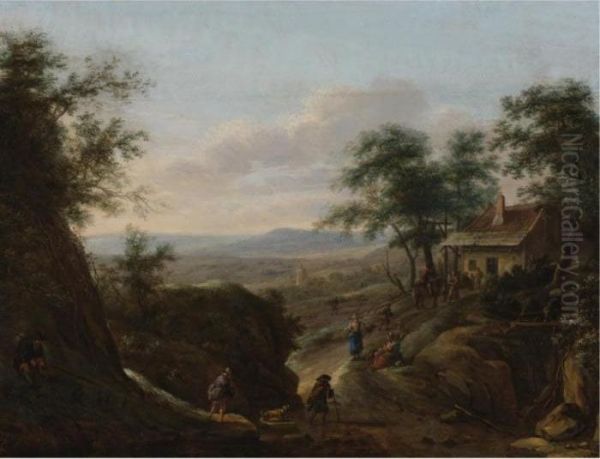 Extensive Landscape With Travelers On A Path And A Cottage In A Wood Oil Painting by Herman Saftleven