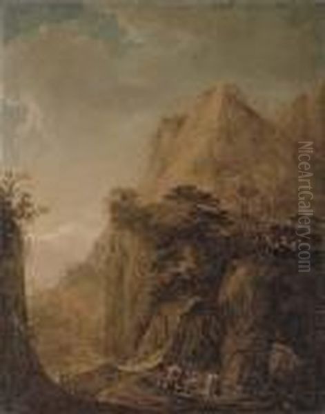 A Rocky Landscape With Travellers On A Path And Peasants By A Lake Oil Painting by Herman Saftleven