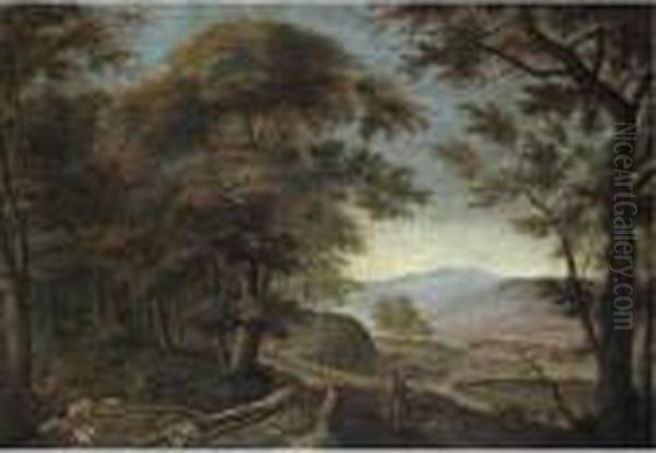 A Wooded Rhenish Landscape With Figures Walking Along A Cliff Edge Oil Painting by Herman Saftleven