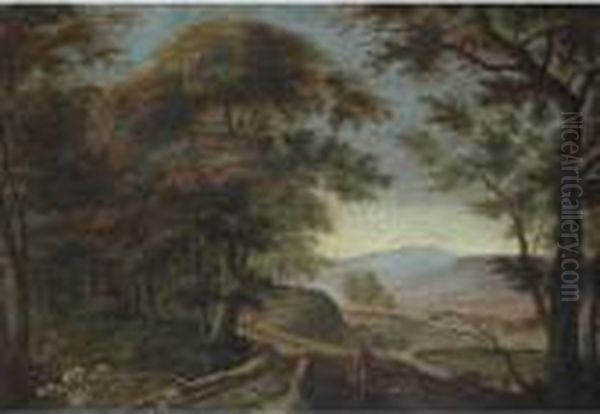 A Wooded Rhenish Landscape With Figures Walking Along A Cliff Edge Oil Painting by Herman Saftleven