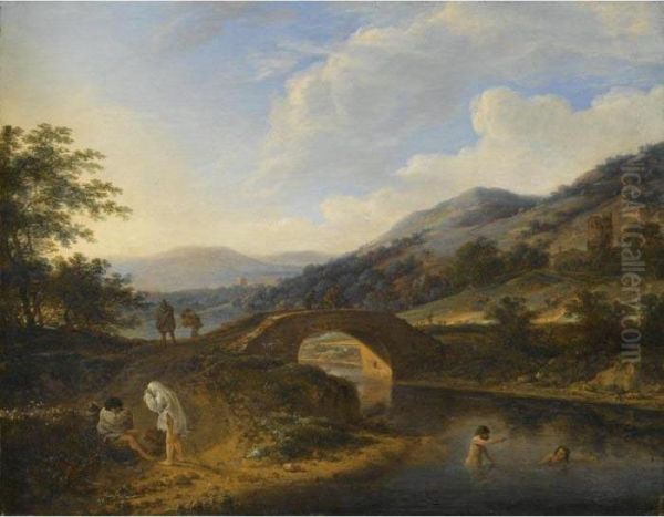 A Hilly Landscape With Bathers In A River Near A Stone Bridge With Travellers Oil Painting by Herman Saftleven