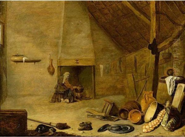 A Barn Interior With A Woman Near The Fireplace Oil Painting by Herman Saftleven