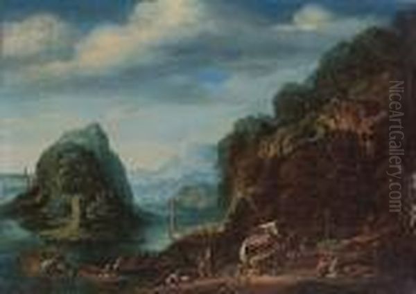 A Rhenish River Landscape With 
Shipwrights Repairing A Sailing Vessel And Other Figures Boarding 
Vessels On The Shore, A Rocky Island Beyond Oil Painting by Herman Saftleven