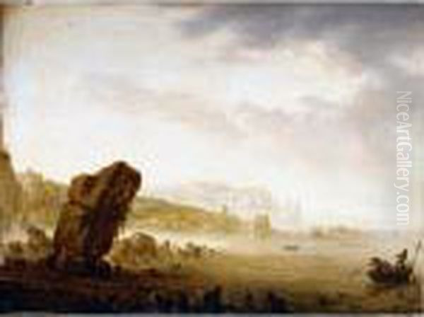 A Mediterranean Coastal Scene With Fishermen, A Town Beyond Oil Painting by Herman Saftleven