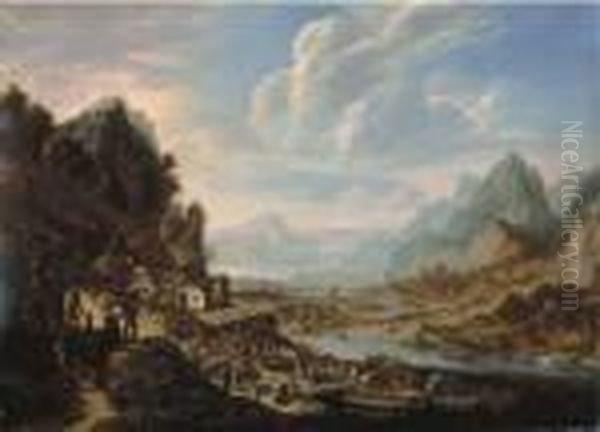 An Extensive River Landscape With Peasants Disembarking Oil Painting by Herman Saftleven