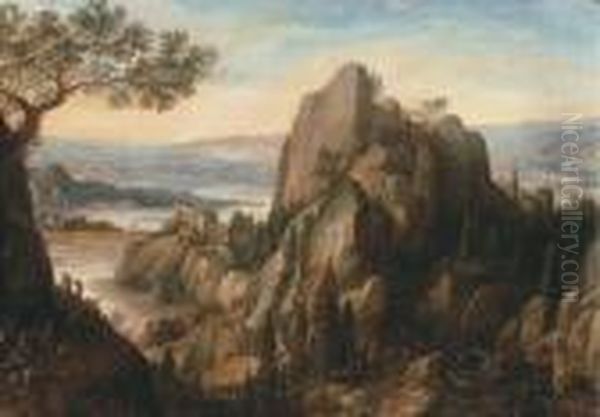 An Extensive River Landscape With A Monastery On A Cliff Oil Painting by Herman Saftleven