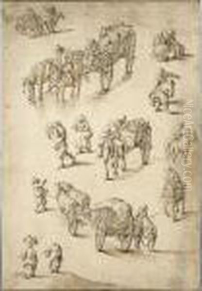 Sheet Of Studies Of Peasants, Riders And Waggons Oil Painting by Herman Saftleven