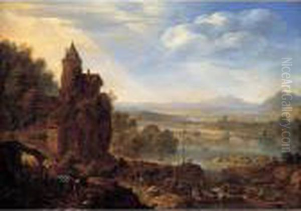 An Extensive Rhenish River 
Landscape With Figures Unloading Barges And Sailboats In The Foreground Oil Painting by Herman Saftleven