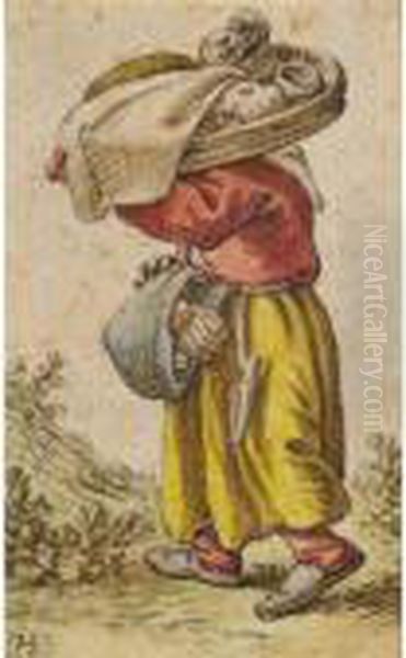 Peasant Woman Walking To The Left, Carrying Goods In A Basket And Sling Oil Painting by Herman Saftleven