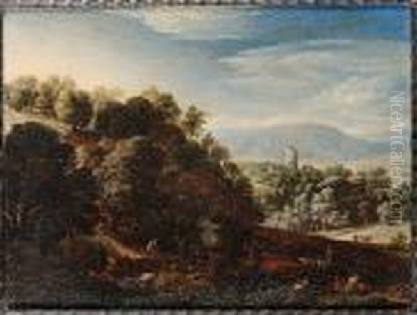 A Wooded Landscape With Figures 
Resting, A Traveller Crossing A Bridge And A Goatherd Tending His Flock,
 A View To A Village And Church Beyond Oil Painting by Herman Saftleven