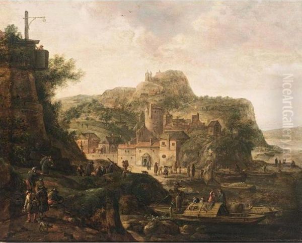 Riverlandscape With Figures Near A Town Oil Painting by Herman Saftleven