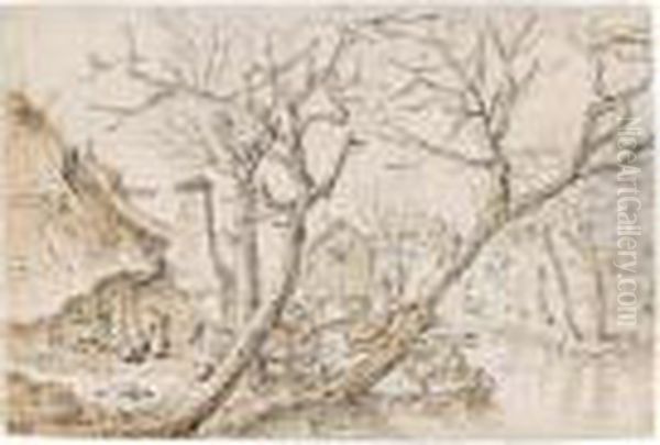 Farmhouses With Figures And Trees Along A Stream Oil Painting by Herman Saftleven