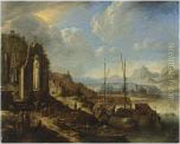 A Rhenish River Landscape 
Capriccio With Moored Boats, A Church Ruin, And A Castle Beyond Oil Painting by Herman Saftleven