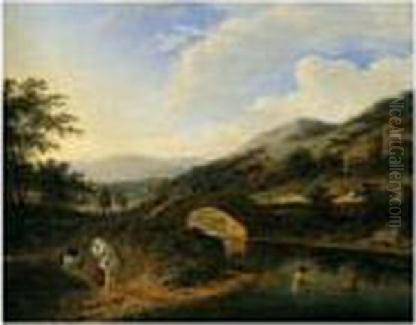 Landscape With Bathers In A River Near A Bridge Oil Painting by Herman Saftleven