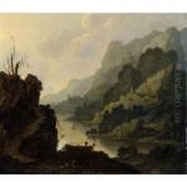 Rocky River Landscape Oil Painting by Herman Saftleven