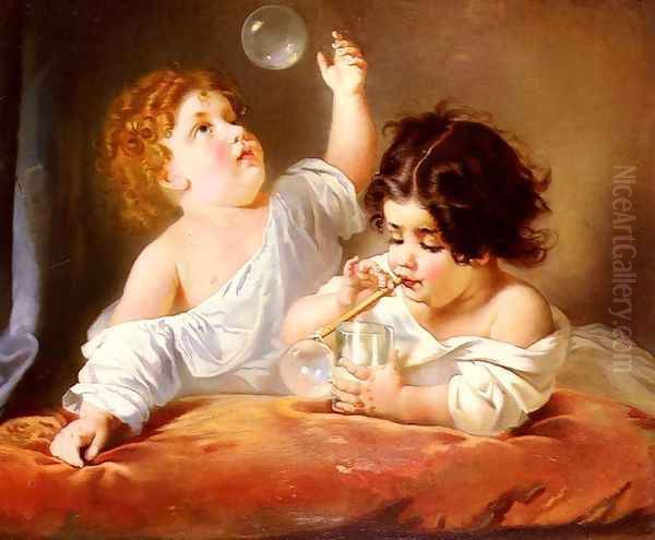 Blowing Bubbles Oil Painting by Henri Guillaume Schlesinger