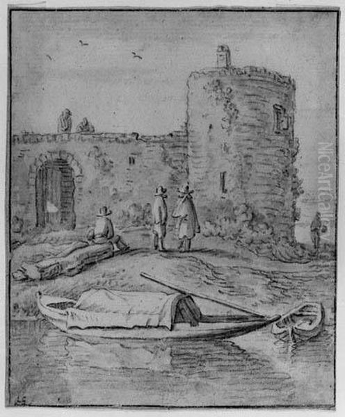 Boats Moored Outside A City Wall With Figures Near A Gate Oil Painting by Herman Saftleven