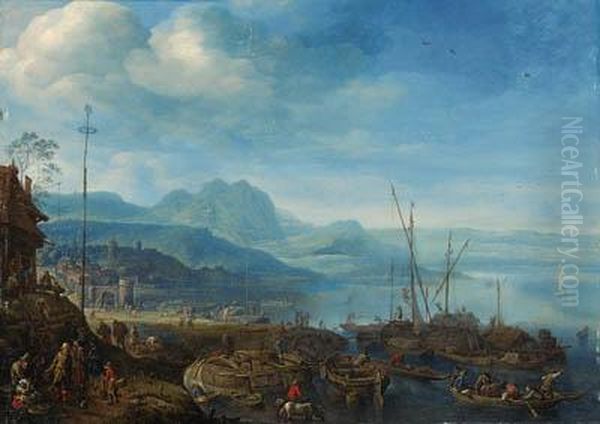 A View Of Linz Am Rhein, With Barges Unloading At A Quay, An Innnearby Oil Painting by Herman Saftleven