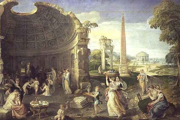 Landscape with classical ruins and women bathing, c.1552-53 Oil Painting by Lambert Sustris