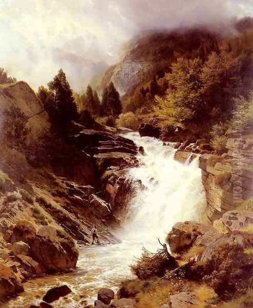 A Waterfall In The Bavarian Alps Oil Painting by Johann Gottfried Steffan