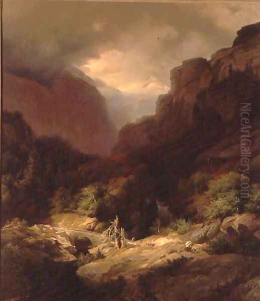 An Alpine Landscape in a Storm Oil Painting by Johann Gottfried Steffan