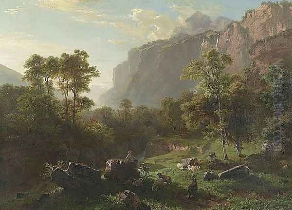 Young herdsman with goats and sheep, 1858 Oil Painting by Johann Gottfried Steffan