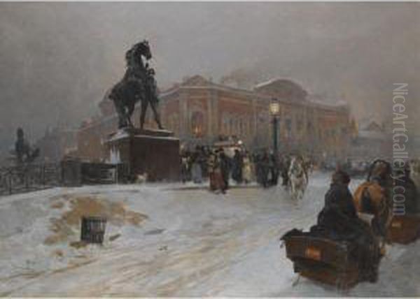 The Anichkov Bridge On Nevsky Prospekt At Dusk Oil Painting by Paolo Sala