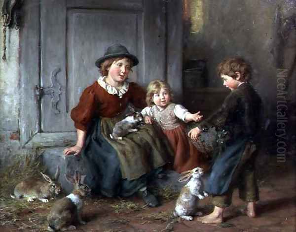 Feeding the Rabbits Oil Painting by Felix Schlesinger