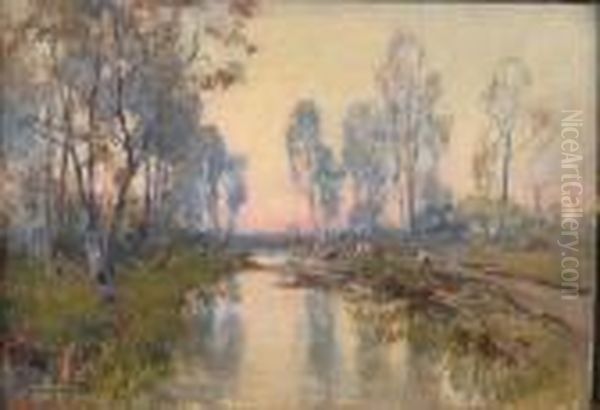 River Scene With Cattle Oil Painting by Paolo Sala