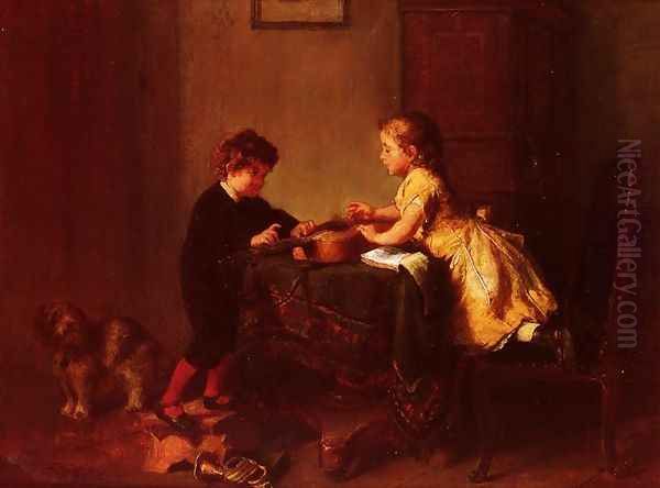 Children Playing with a Guitar Oil Painting by Felix Schlesinger