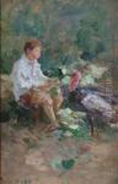 Study Of A Boy And A Turkey In A Yard Oil Painting by Paolo Sala