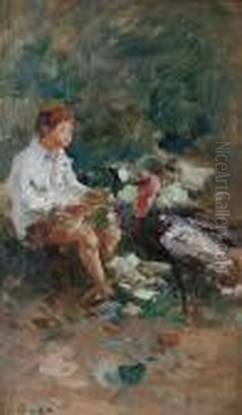 A Young Boy With Two Turkeys Oil Painting by Paolo Sala