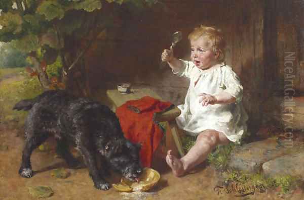 A Shared Meal Oil Painting by Felix Schlesinger