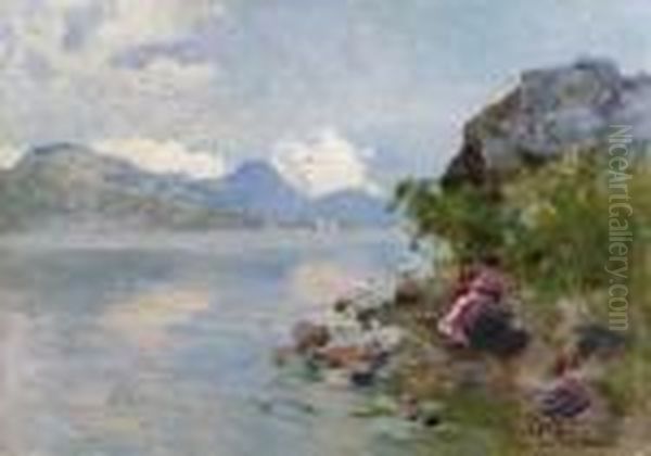 Figure In Riva Al Lago Oil Painting by Paolo Sala