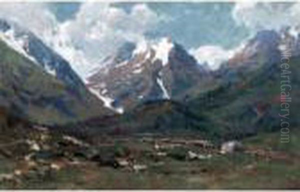 An Alpine Valley Oil Painting by Paolo Sala