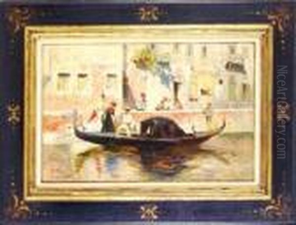 Canale Di Venezia Con Gondola E Figure. Oil Painting by Paolo Sala