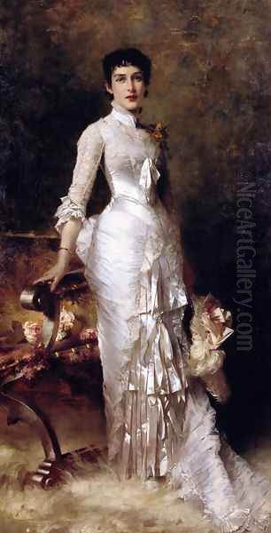 Young Beauty In A White Dress Oil Painting by Julius LeBlanc Stewart