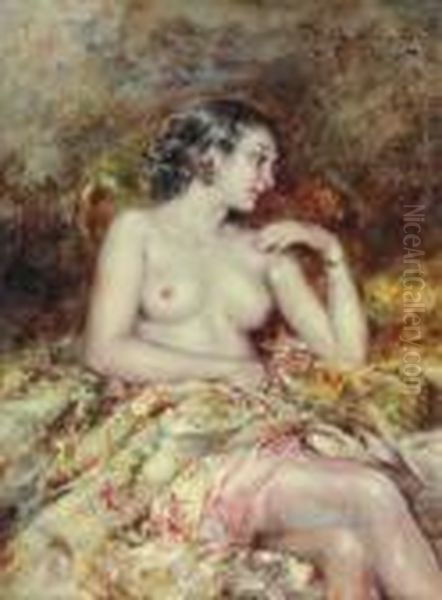 A Semi-nude In An Interior Oil Painting by Juan Pablo Salinas Y Teruel