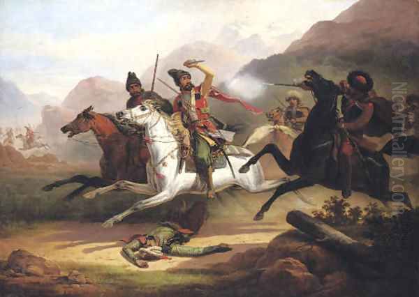 Caucasian battle Oil Painting by January Suchodolski